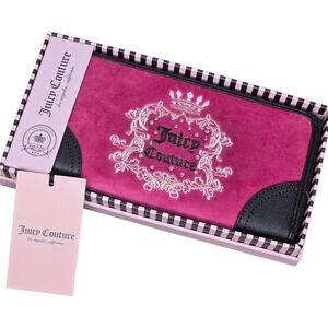 Juicy Couture Heritage Crown Pink Raspberry Zip Velour Velvet Large Wallet Bag